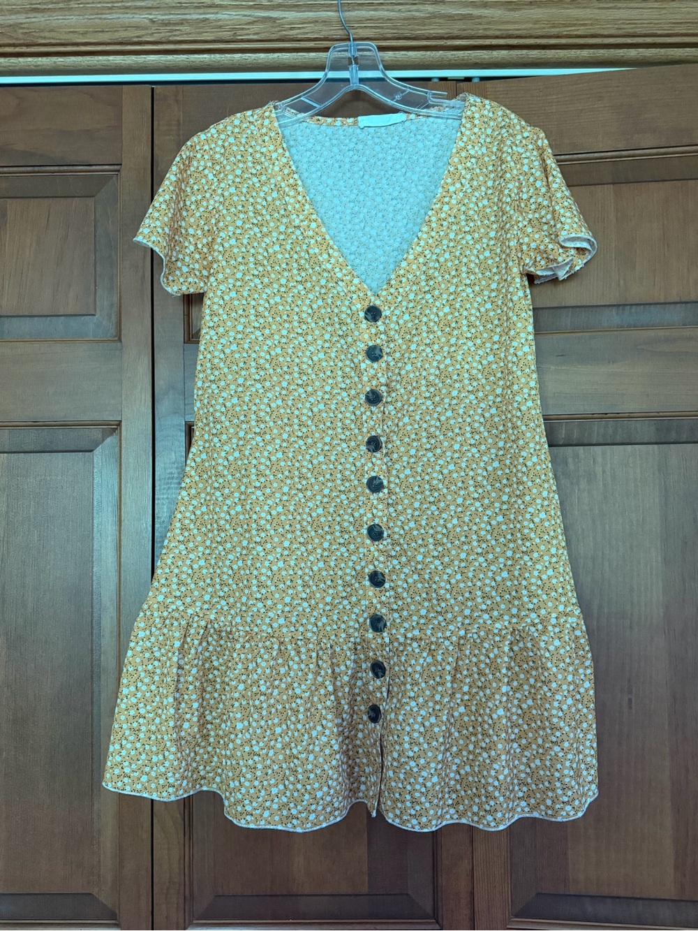 Yellow Floral Button-Front Ruffle Hem Dress